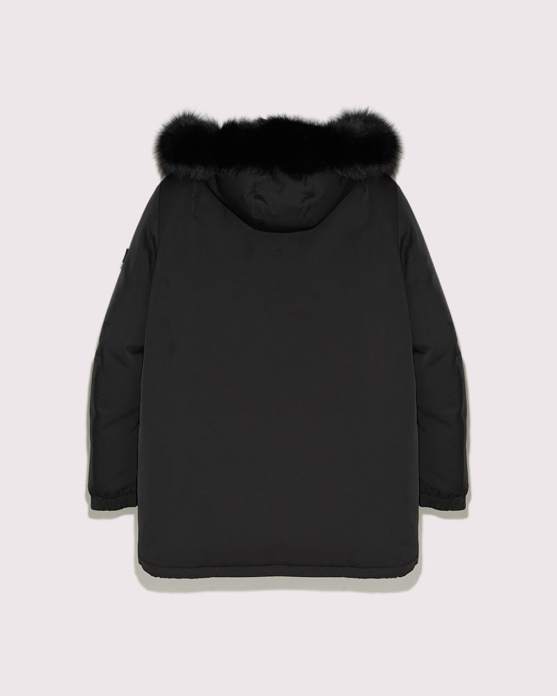 Black Friday 2025- Hooded technical gabardine down jacket with fox fur - black -Yves Salomon