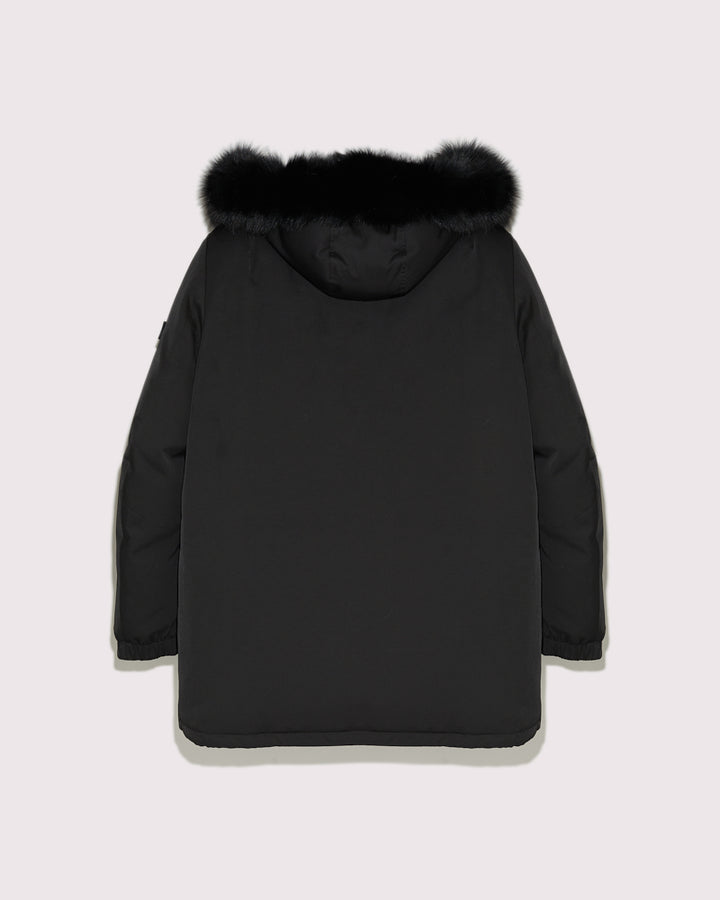 Black Friday 2025- Hooded technical gabardine down jacket with fox fur - black -Yves Salomon