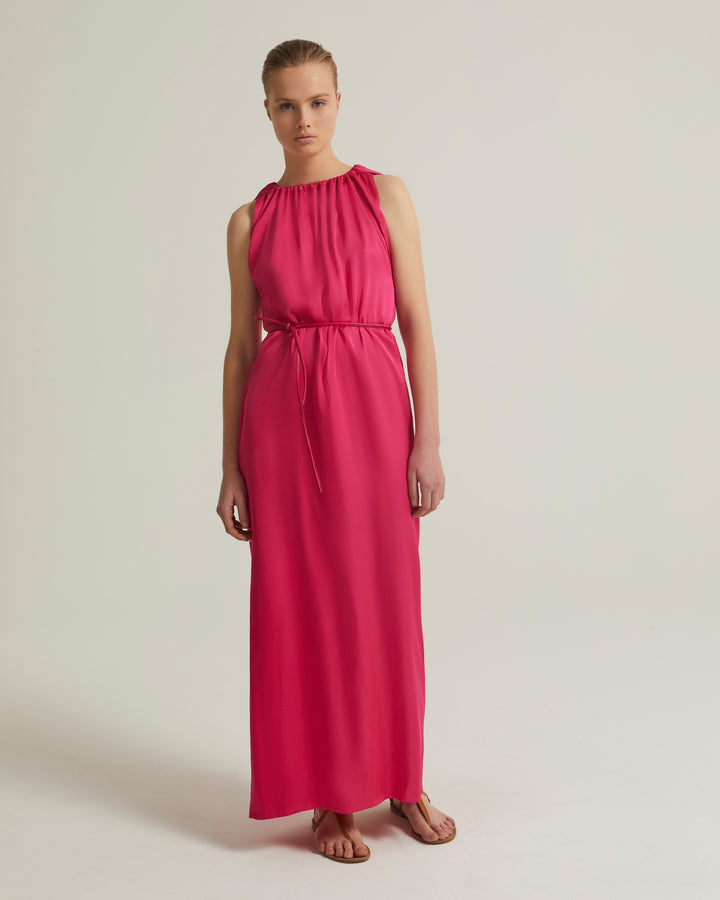 Long dress with adjustable satin neckline