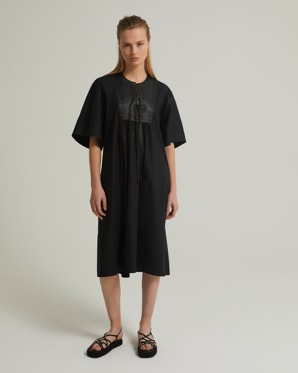 Cotton poplin dress with perforated leather breastplate - black