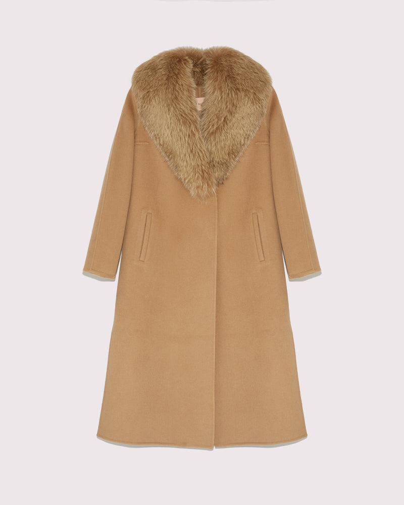 Long cashmere wool coat with fox fur collar