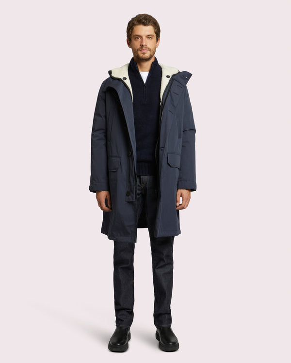 Parka in technical cotton and shearling - navy/beige