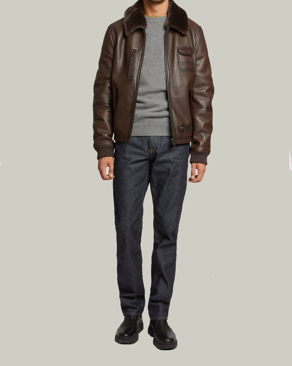 Leather aviator jacket with shearling collar - brown