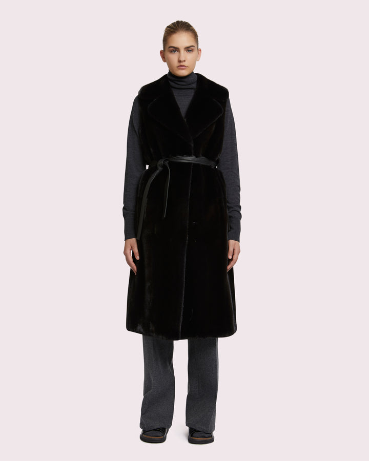 Long belted gilet in long-haired mink fur - navy -Yves Salomon