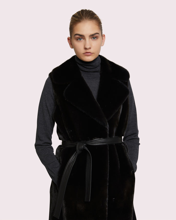 Long belted gilet in long-haired mink fur - navy -Yves Salomon