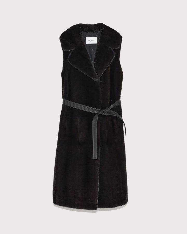 Long belted gilet in long-haired mink fur - navy -Yves Salomon