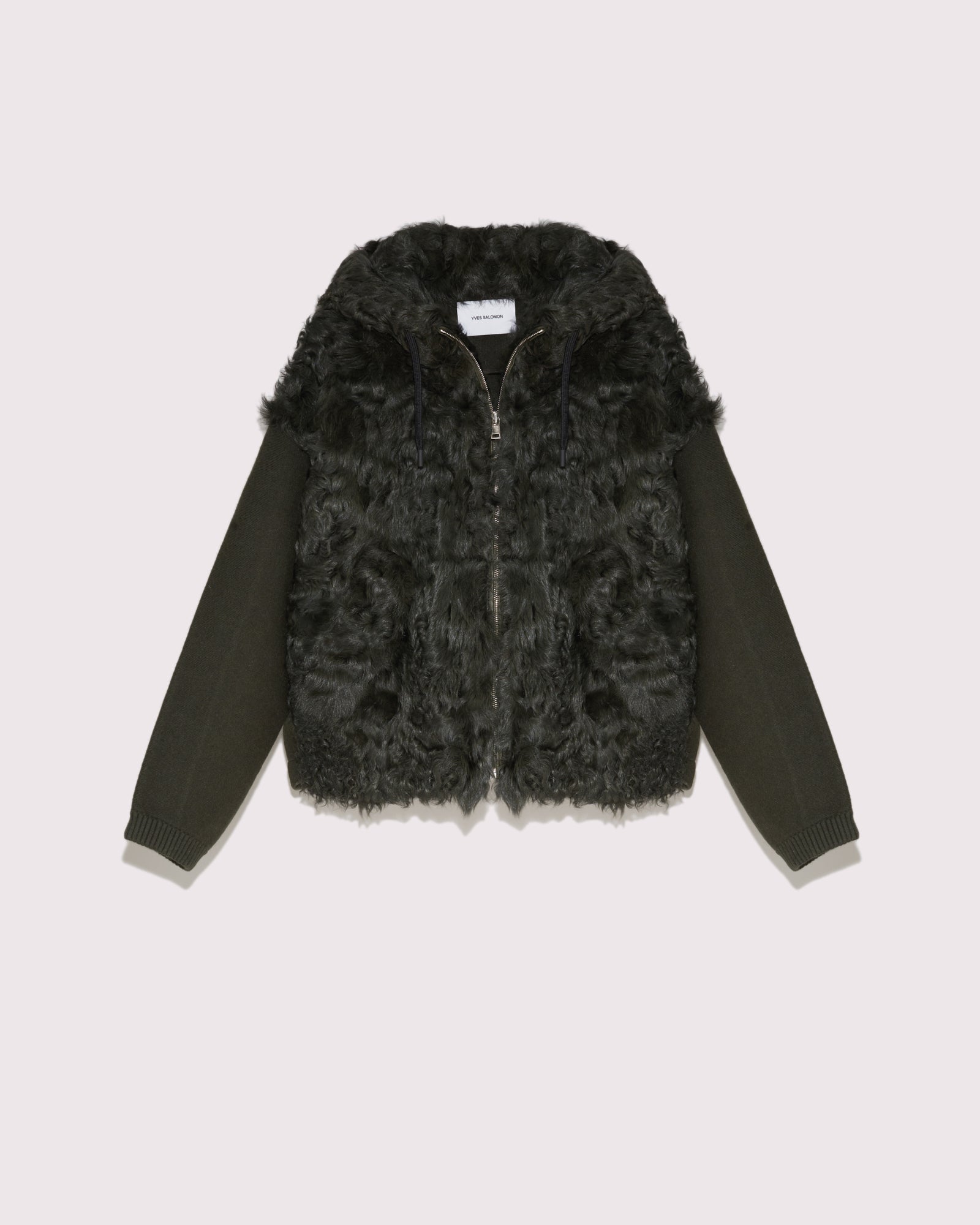 Hooded jacket in knit and curly lamb -Yves Salomon